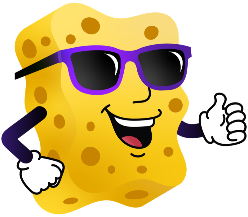 The Funky Sponge mascot — a smiling sponge in purple sunglasses giving a thumbs up